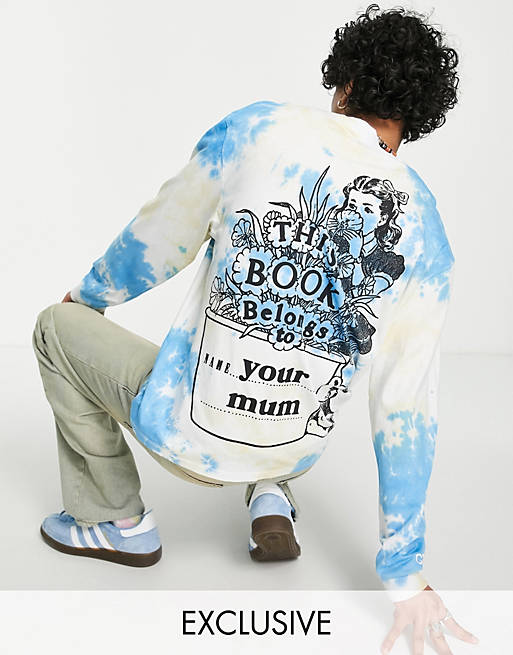 Crooked Tongues tie dye long sleeve t-shirt with book graphic print 