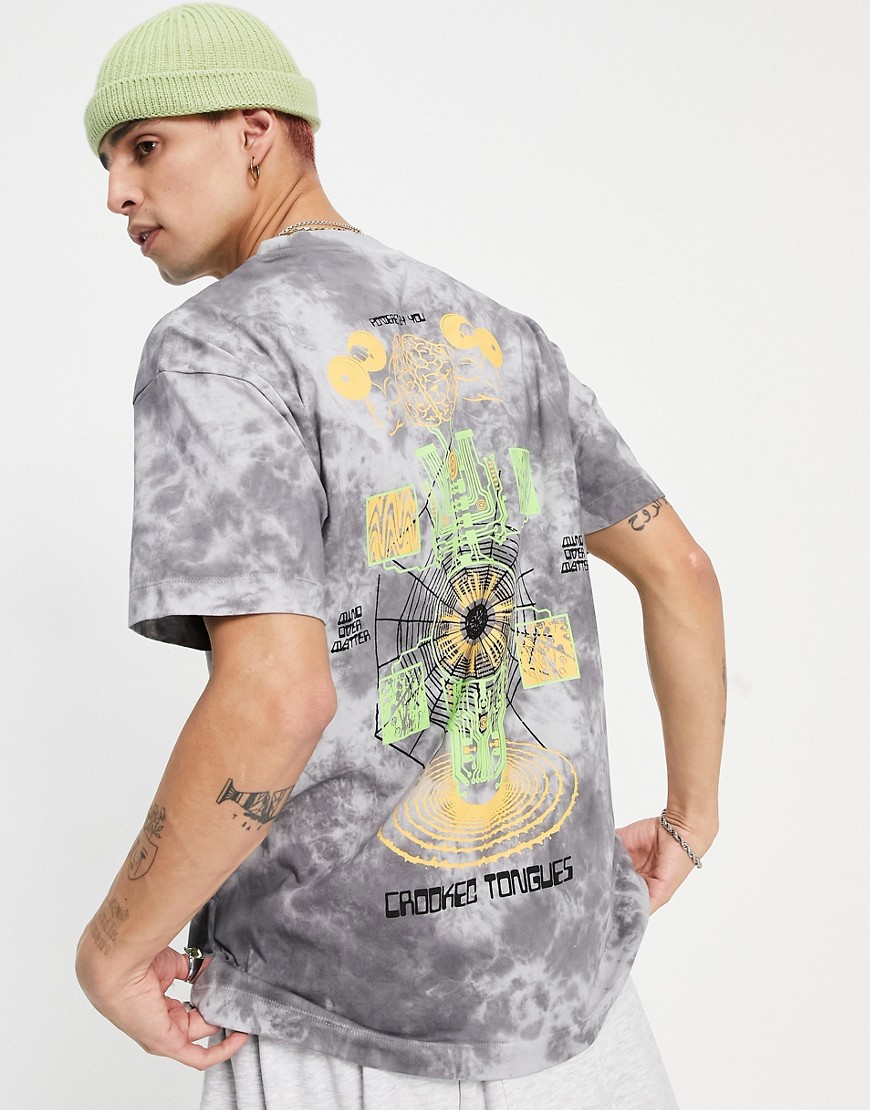 Crooked Tongues tie dye print t shirt in gray-White