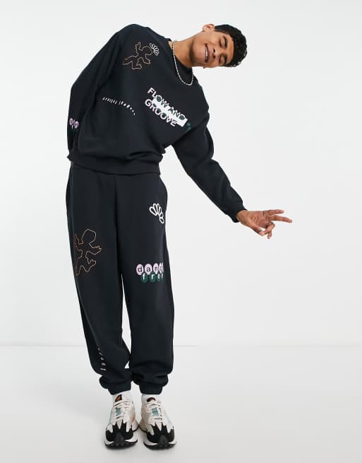 Crooked Tongues trackies with groove prints in black (part of a set)