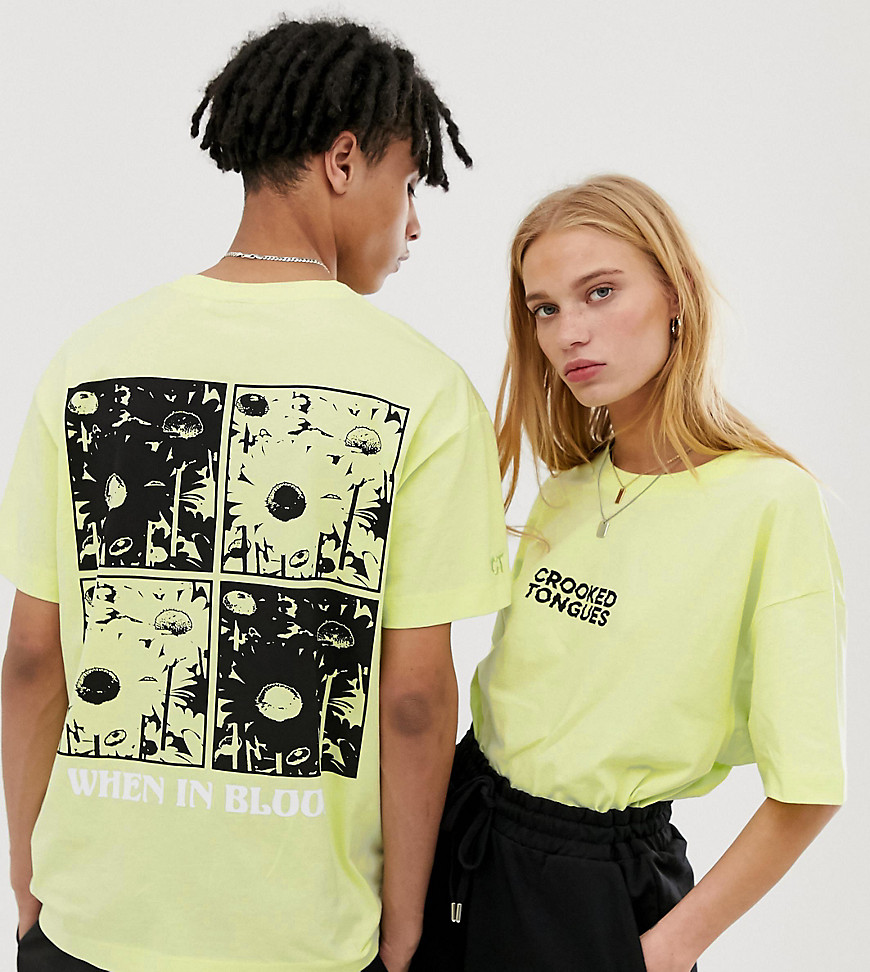 Crooked Tongues - Uniseks oversized fluorescerend T-shirt met print op de rug-Geel