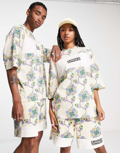 Crooked Tongues unisex co-ord oversized t-shirt with all over flower graphic print in ecru