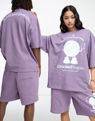 Crooked Tongues unisex co-ord oversized t-shirt with peace and love print in dark purple