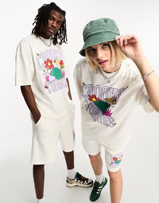 Crooked Tongues unisex co-ord oversized t-shirt with snail graphic front print in off white
