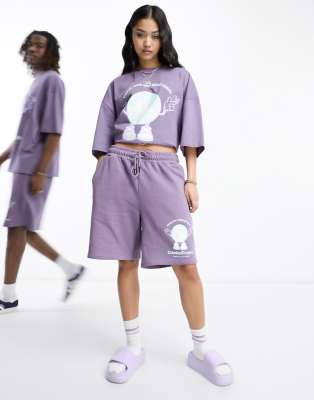 Crooked Tongues Crooked Tongues unisex co-ord relaxed short with peace and love print in dark purple