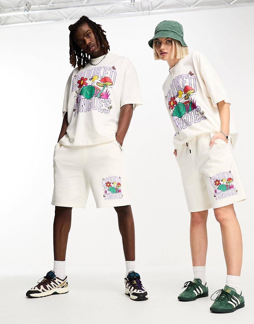 Crooked Tongues unisex co-ord relaxed short with snail graphic print in off white