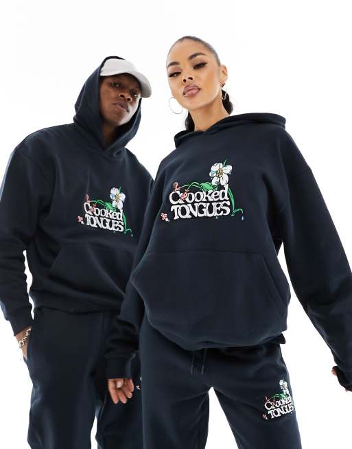 Crooked Tongues unisex oversized hoodie in black with embroidery (part of a set)
