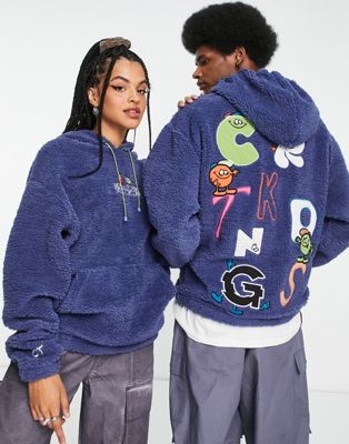 Crooked Tongues unisex oversized hoodie in teddy borg with back logo embroideries in blue - ASOS Price Checker