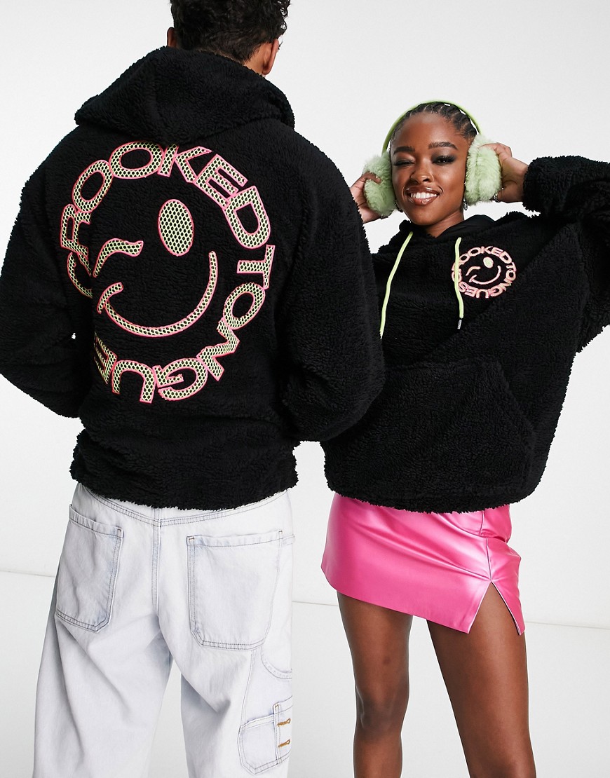 Crooked Tongues unisex oversized hoodie in teddy borg with circle logo applique in black