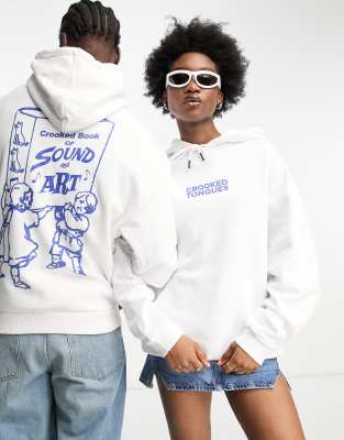 Crooked Tongues Unisex Oversized Hoodie With Blue Sound Art Character Back Graphic Print In White