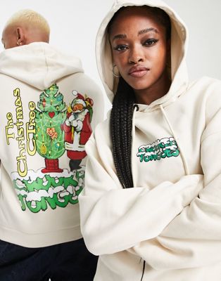 Crooked Tongues unisex oversized hoodie with Christmas back graphic print in ecru