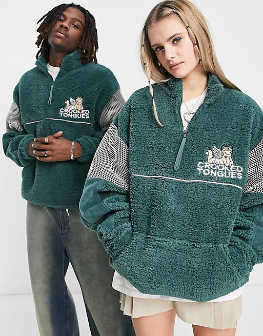 Crooked Tongues unisex oversized quarter zip sweatshirt in teddy borg with contrast panels and logo embroidery in teal blue