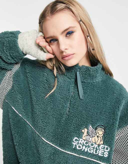 Crooked Tongues unisex oversized quarter zip sweatshirt in teddy borg with contrast panels and logo embroidery in teal blue