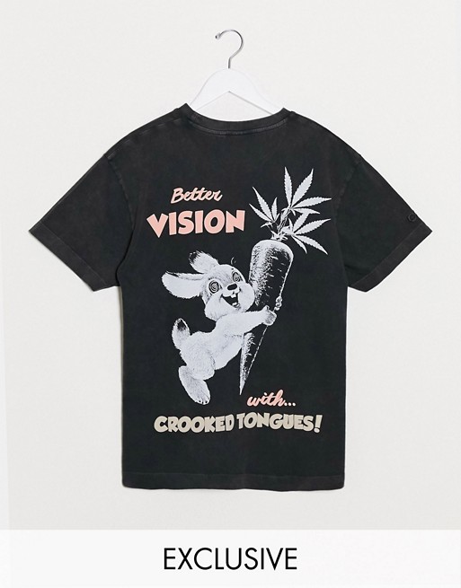 Crooked Tongues unisex oversized t-shirt in acid wash with rabbit print