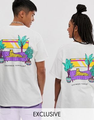 Crooked Tongues - Unisex oversized T-shirt met logo in wit met tijgerprint op de achterkant