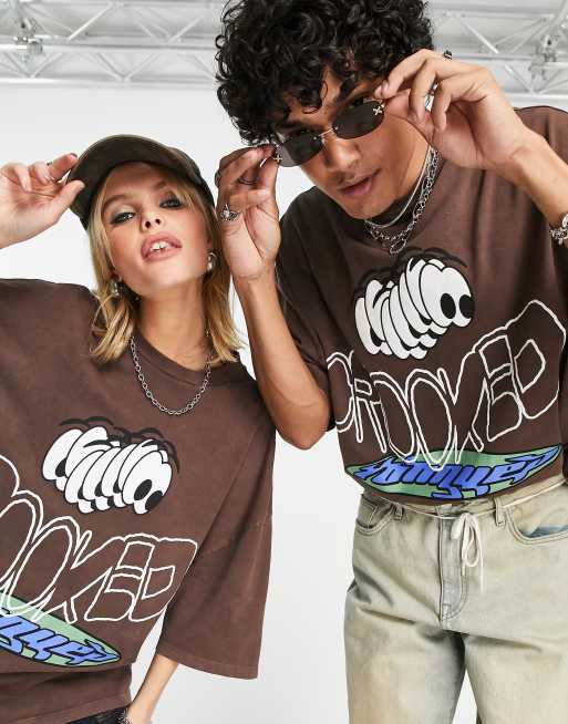 Crooked Tongues unisex oversized T-shirt with crooked graphic front print in brown
