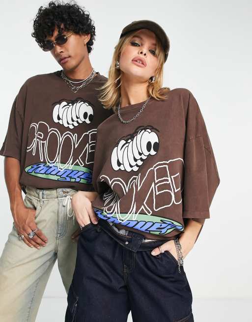 Crooked Tongues unisex oversized t-shirt with crooked graphic front print in brown, 3 of 4