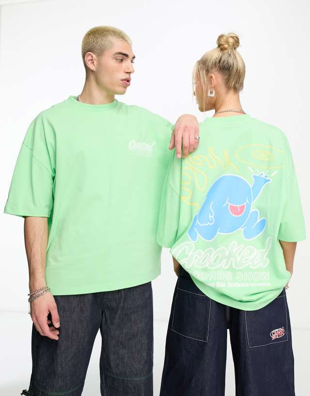 Crooked Tongues unisex oversized t-shirt with CT record man in green