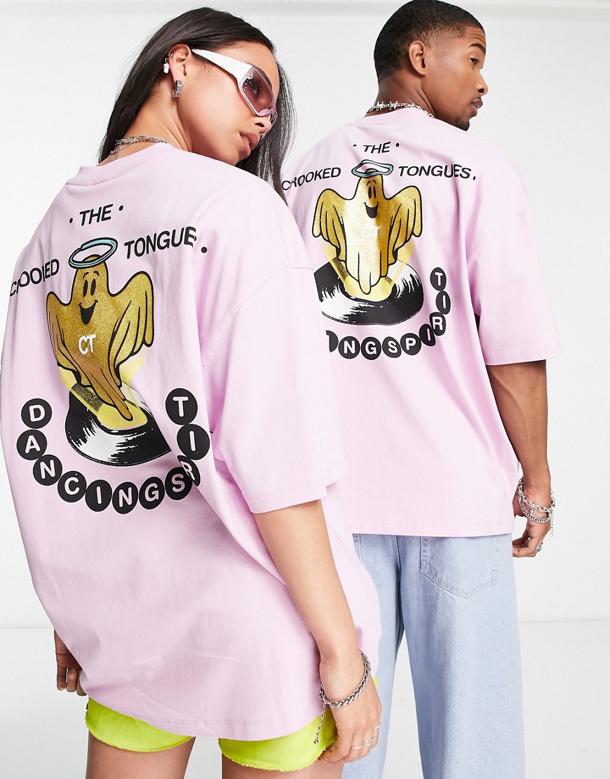Crooked Tongues unisex oversized T-shirt with dancing spirit back print in lilac-Purple