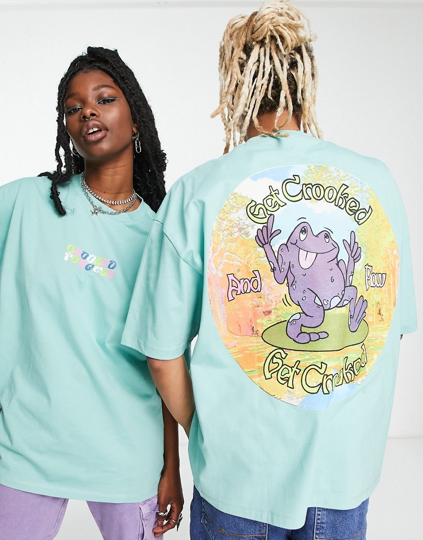 Crooked Tongues unisex oversized T-shirt with frog back print in turquoise-Blue