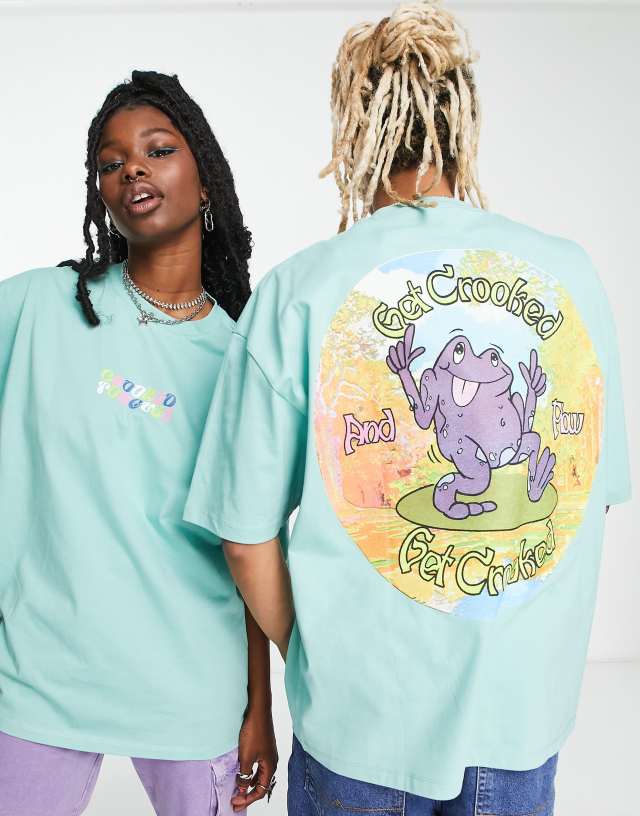 Crooked Tongues unisex oversized T-shirt with frog back print in turquoise