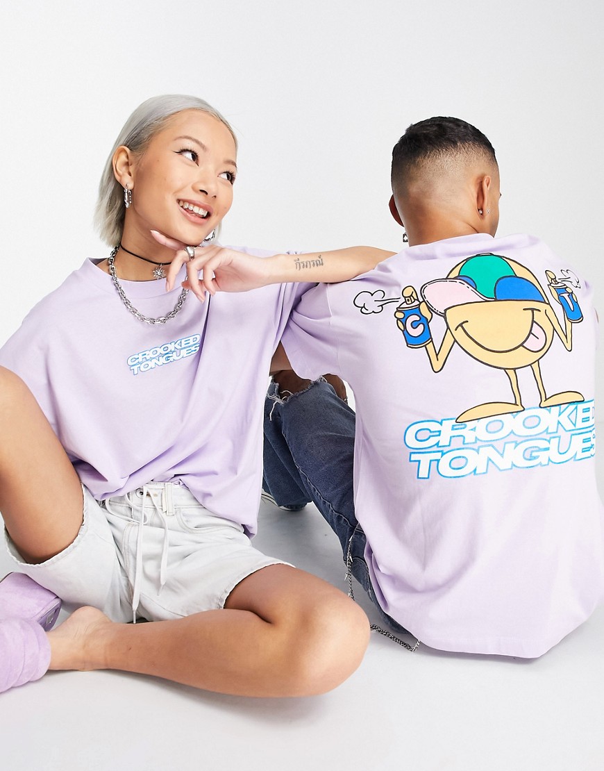 Crooked Tongues unisex oversized t-shirt with spray paint graphic print in lilac-Purple