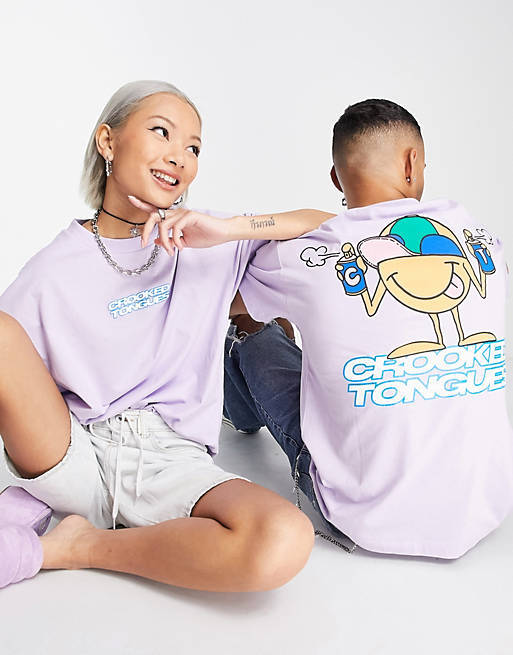 Crooked Tongues unisex oversized t-shirt with spray paint graphic print in lilac