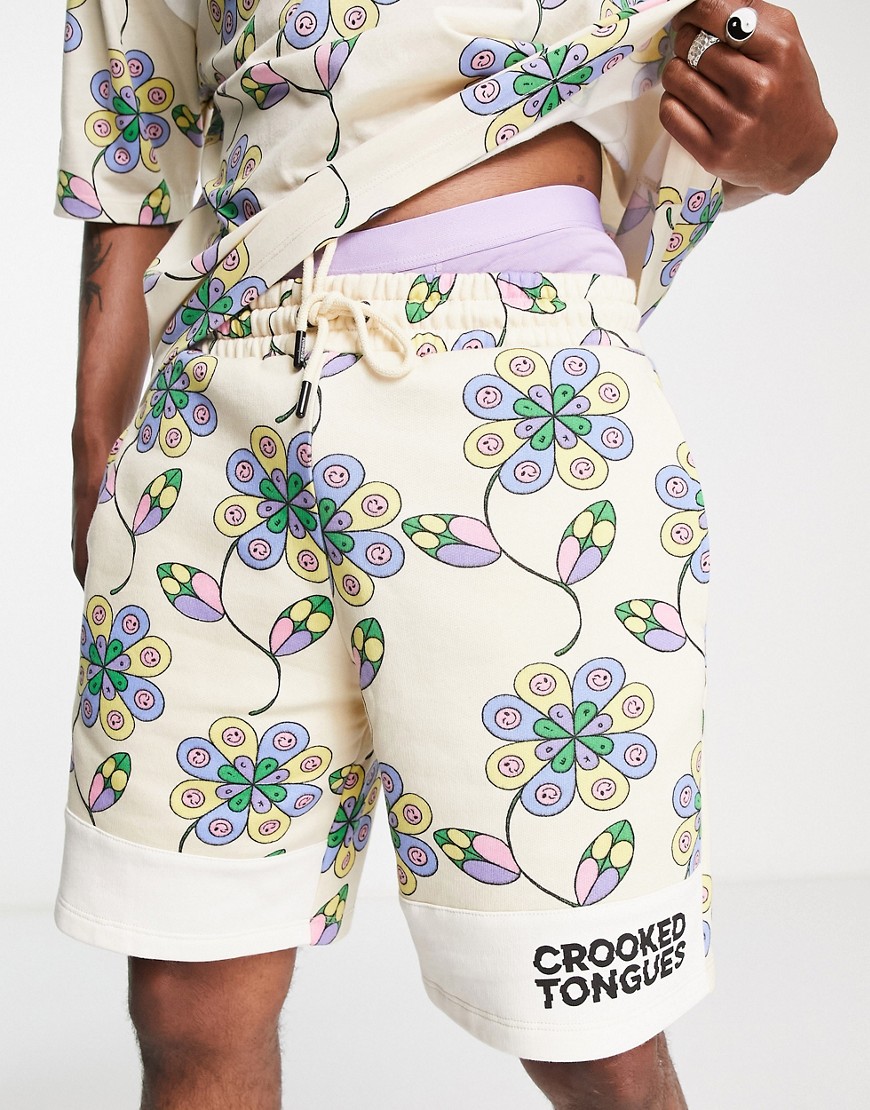 Crooked Tongues unisex relaxed short with all over flower graphic print in ecru - part of a set-White