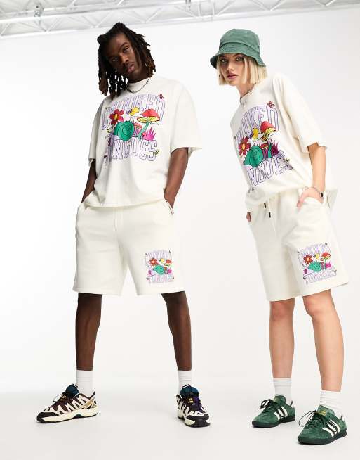 Crooked Tongues unisex relaxed shorts with snail graphic print in off white (part of a set)