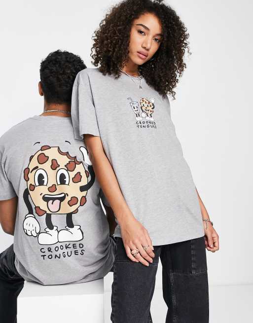 Crooked Tongues - Unisex T-shirt met grafische Cookie print met logo op de achterkant in gemêleerd grijs