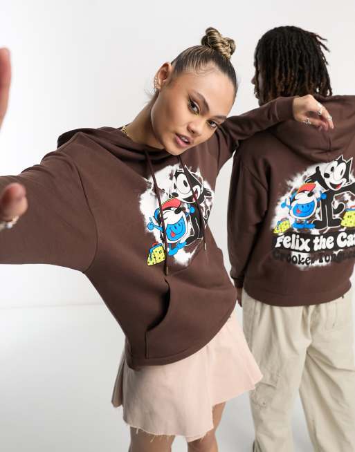 Crooked Tongues x Felix The Cat – Brun huvtröja i oversize och unisex-modell med batikfärgade tryck baktill och framtill