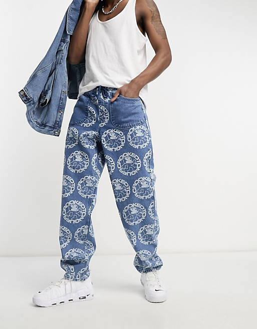 Crooked Tongues x Felix The Cat denim baggy jeans with all over print in blue
