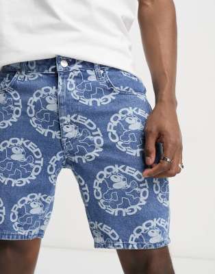 ASOS DESIGN Crooked Tongues x Felix the Cat regular length denim shorts with print-Blue
