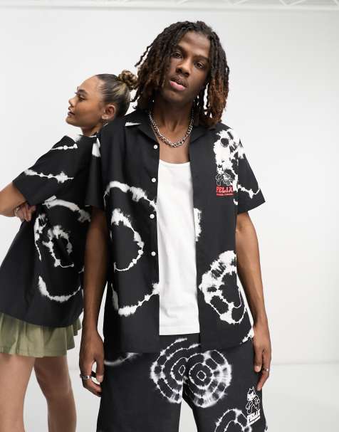 Crooked Tongues X Felix the Cat - Sort afslappet unisex-skjorte med revers og batikprint på brystet - view 1