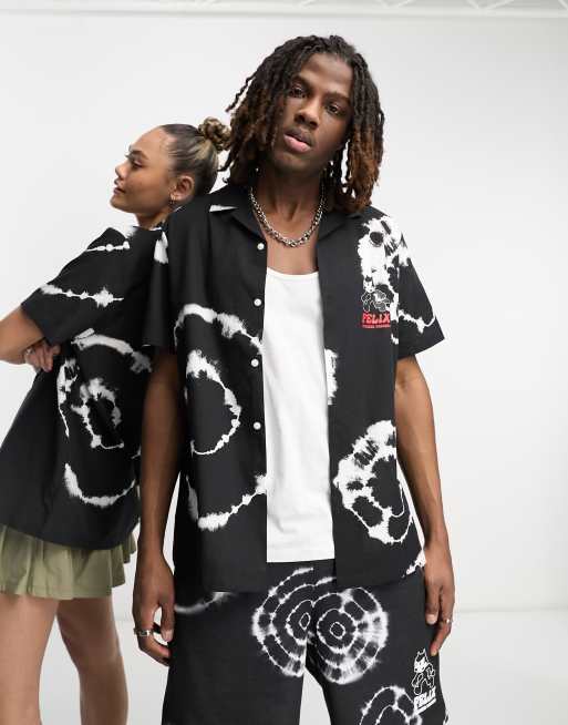 Crooked Tongues X Felix the Cat - Sort afslappet unisex-skjorte med revers og batikprint på brystet