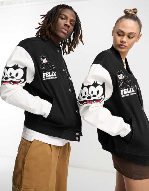 Crooked Tongues x Felix The Cat – Svart collegejacka i unisex-modell