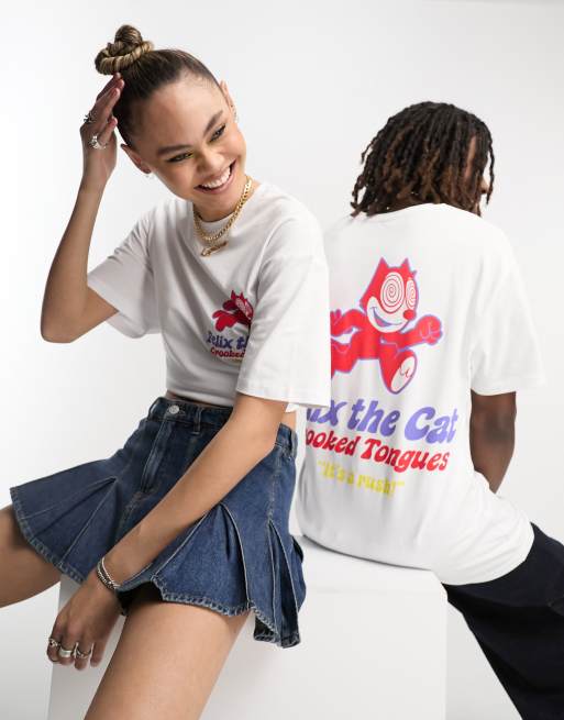 Crooked Tongues x Felix the Cat - Uniseks T-shirt met grafische print in wit
