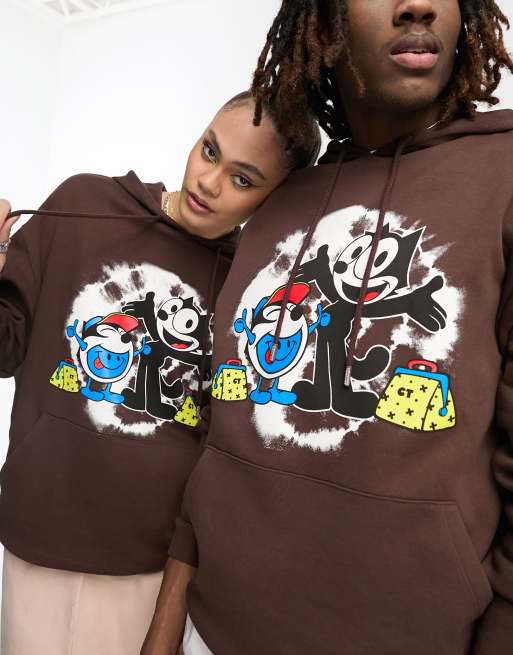 Crooked Tongues x Felix the Cat - Felpa con cappuccio oversize unisex  marrone con grafiche tie-dye stampate sul davanti e sul retro