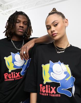 Crooked Tongues x Felix the Cat unisex oversized t-shirt with graphic back print in black