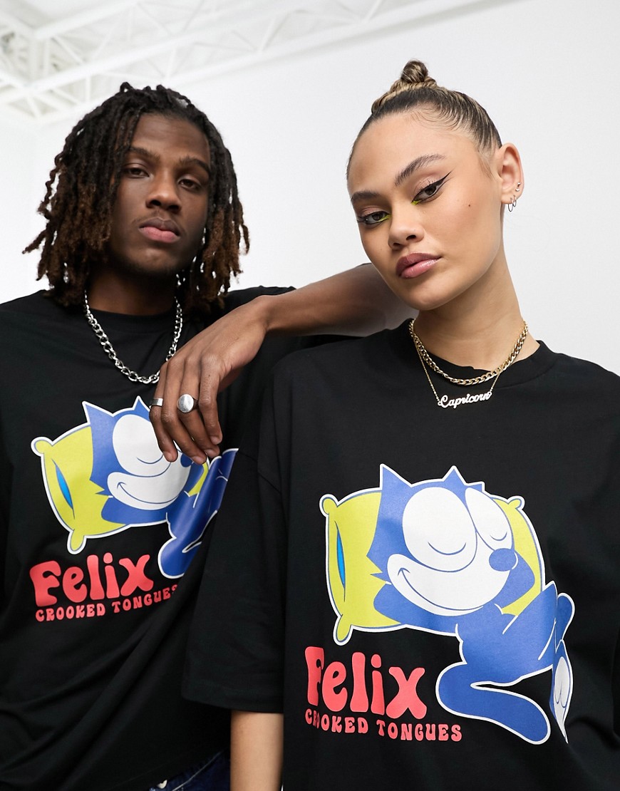 Crooked Tongues x Felix the Cat Unisex oversized T-shirt with graphic back print in black