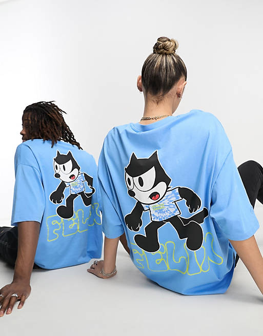 Crooked Tongues x Felix the Cat unisex oversized t-shirt with graphic prints in blue