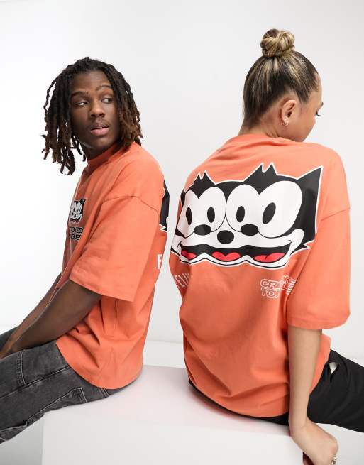 Crooked Tongues x Felix the Cat Unisex oversized T-shirt with graphic  prints in orange