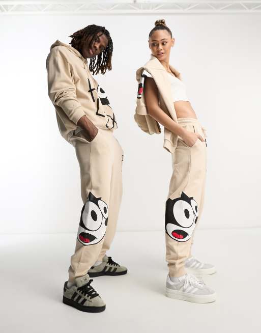 Crooked Tongues x Felix the Cat unisex relaxed trackies with large scale logo and graphic prints in stone (part of a set)