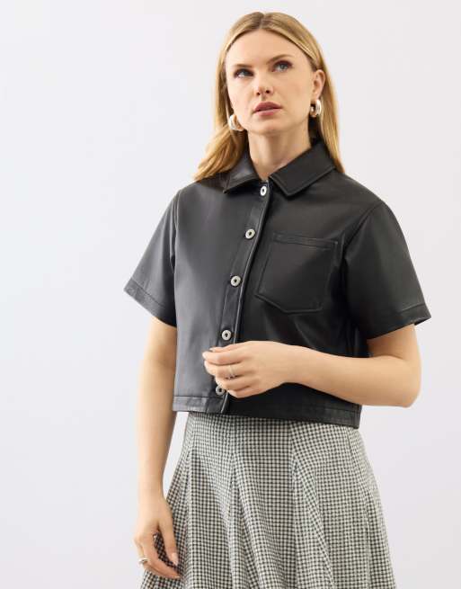 Cropped real leather shirt co-ord, 3 of 5