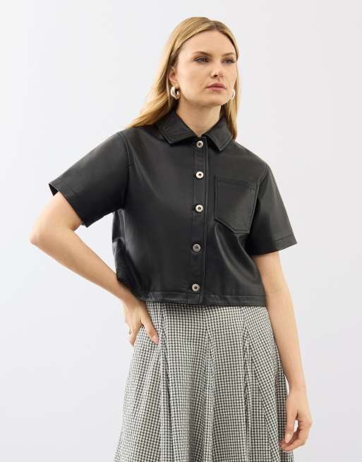 Cropped real leather shirt co-ord, 4 of 5