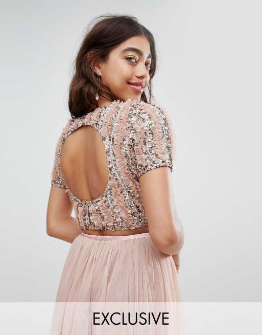 Cropped top met kant en kralen met ruches en open achterkant in combi-set
