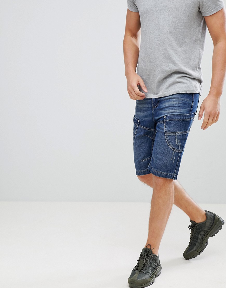 Crosshatch - Pantaloncini di jeans lavaggio scuro a pannelli-Navy