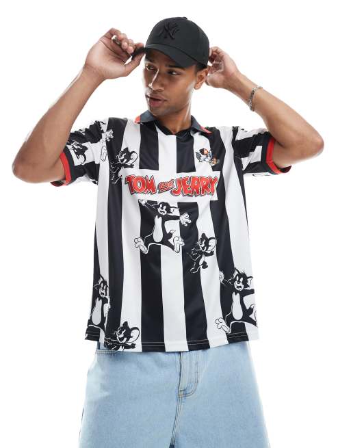Cult Classics – Czarno-biały T-shirt oversize w sportowym stylu z motywem Toma i Jerry'ego 