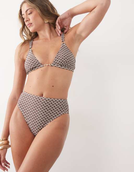 Cupshe - Bas de bikini taille haute à imprimé géométrique - Marron, 2 de 4