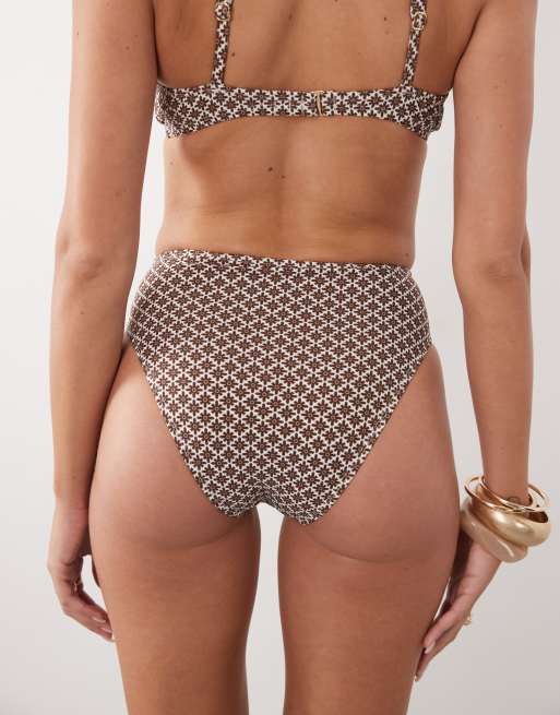 Cupshe - Bas de bikini taille haute à imprimé géométrique - Marron, 3 de 4