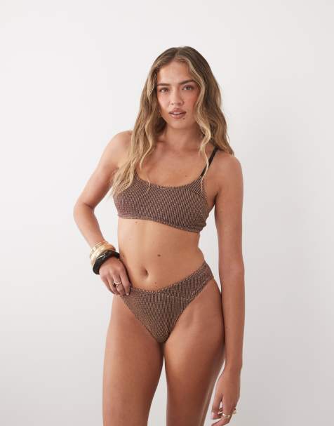 Cupshe – Gekräuselter Bikini in Braun mit Bustier - view 1